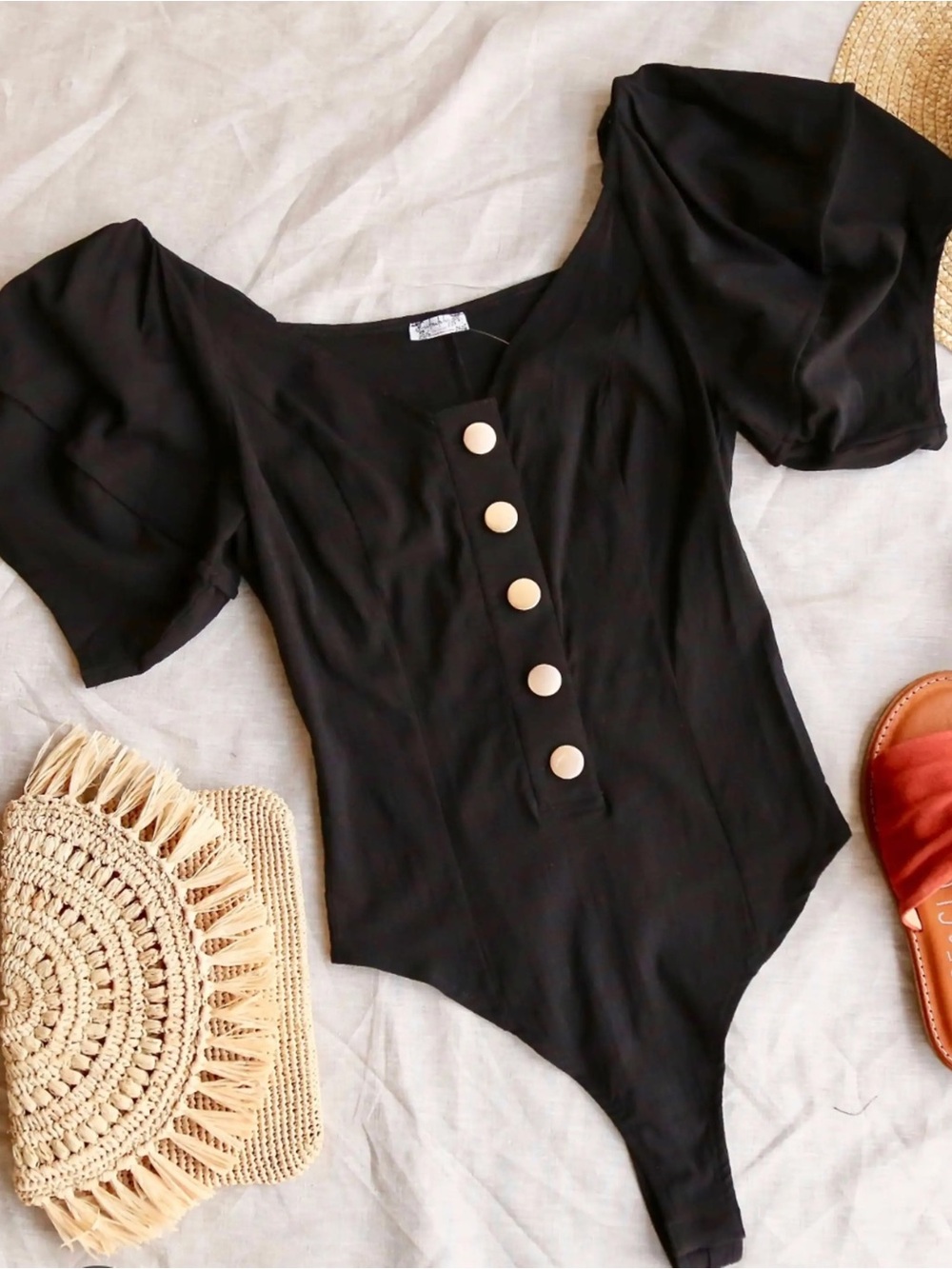 Free People Black Puff Sleeve Button-Front Bodysuit